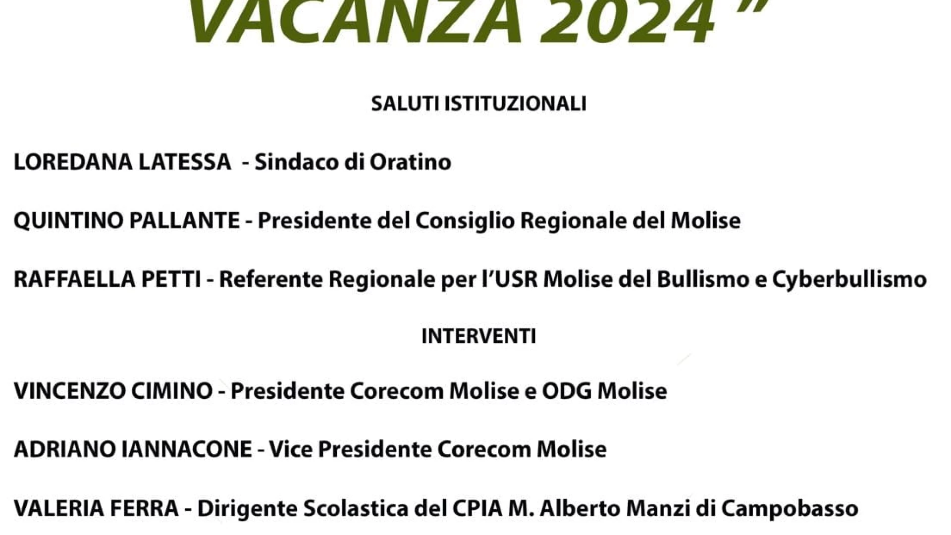 Oratino: Il Bullismo non va in  vacanza. Incontro a Pescolanciano previsto per questa sera.